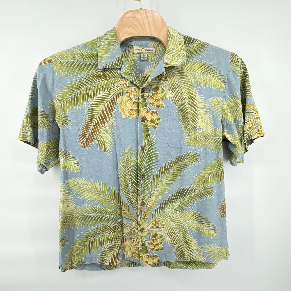 Tommy Bahama Button Front Mens L Blue Green Yellow Brown Silk Palm Tree Tropical